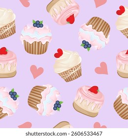 Seamless pattern for kitchen decor and more. Delicious cupcake with whipped cream and blueberry, strawberry, heart. Vector cartoon illustration of sweet food.