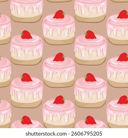 Seamless pattern for kitchen decor and more. Delicious cupcake with whipped cream and strawberry. Vector cartoon illustration of sweet food.