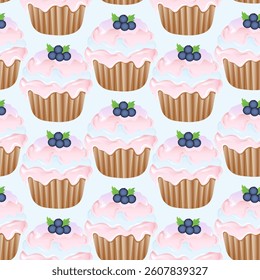 Seamless pattern for kitchen decor and more. Delicious cupcake with whipped cream and blueberry. Vector cartoon illustration of sweet food.