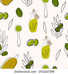 seamless pattern for kitchen design, tablecloths, napkins, towels, bed linen. print with olives and oil on a light background