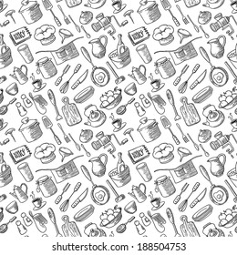 Seamless pattern with kitchen doodles set