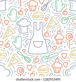 Seamless pattern with kitchen elements and meal. Linear style vector illustration. Suitable for wallpaper, wrapping or textile