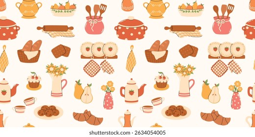 Seamless pattern with kitchen elements. Saucepan, shelf with plates, teapots, cookies, croissants, sugar bowl. Flat vector illustration.