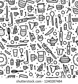 Seamless pattern of  kitchen equipments in doodle style. Vector endless background of  sketch dishes and cooking tools objects.