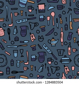 Seamless pattern of  kitchen equipments in doodle style. Vector endless background of  dishes and cooking tools objects.