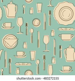 Seamless pattern with kitchen equipments. Set of hand drawn cookware. Silhouettes of kitchen utensils. Vintage style. Vector illustration.