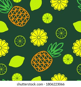 Seamless pattern. Kitchen fruit theme. Pineapple and lime on a green background.