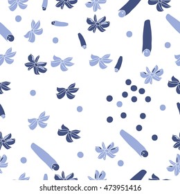 Seamless  pattern with  kitchen herbs, doodles,  cinnamon,star anise, bell pepper,  hole. Hand drawn.