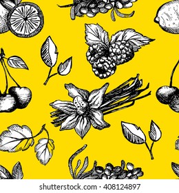 Seamless pattern with kitchen herbs and fruits, kinds of tea,vanilla, lemon, mint, razz, cherry, seabuckthorn. Vector ornament with yellow  background