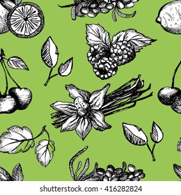 Seamless pattern with kitchen herbs and fruits, kinds of tea,vanilla, lemon, mint, razz, cherry, seabuckthorn. Vector ornament with green background