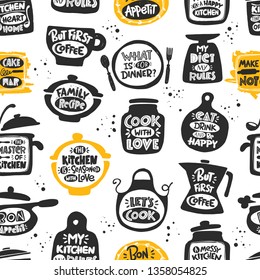 Seamless pattern with kitchen icons. Hand drawn vector illustration. Can be used for wrapping paper, fabric, farmers market, shop, cafe, food studio, menu, shop, bbq, truck, restaurant, cafe, bar