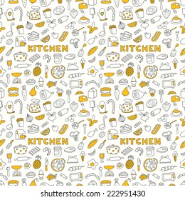 Seamless pattern with kitchen icons. Including pots, bowls, dishes and various utensils.