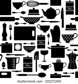 Seamless pattern with kitchen items in black and white.