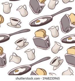 Seamless pattern with kitchen items, food vector illustrations, pan with eggs, toaster with bread, cup of tea with milk