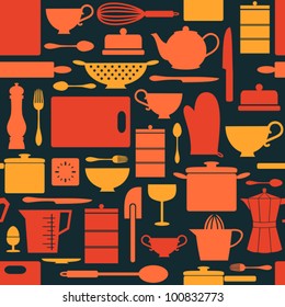 Seamless pattern with kitchen items in retro style.