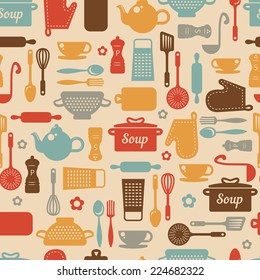 Seamless pattern with kitchen items in retro style. 