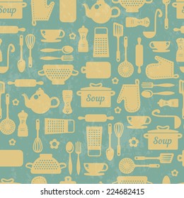 Seamless pattern with kitchen items in retro style. 