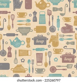 Seamless pattern with kitchen items in retro style. 