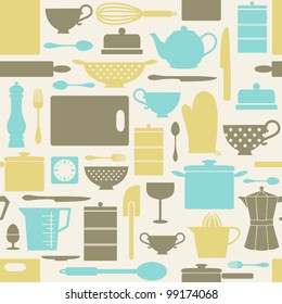 Seamless pattern with kitchen items in retro style.