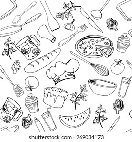 Seamless pattern of kitchen items. Vector illustrations.
