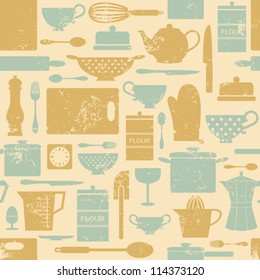  Seamless pattern with kitchen items in vintage style.