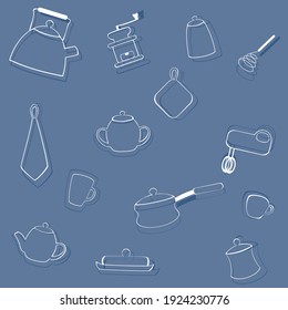 Seamless pattern and kitchen items  White outlines blue background  Vector illustration in doodle style