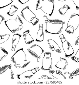 Seamless pattern of kitchen objects: bottle, water-can, glass, pot, pan. Illustration of crockery isolated on white background
