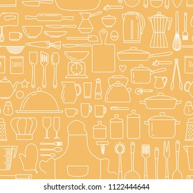 Seamless pattern of kitchen objects. Items for cooking. Outline.