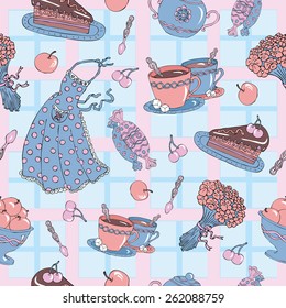 Seamless pattern with kitchen objects, sweets, flowers, cups and piece of cake in tablecloth background