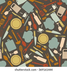 seamless pattern of kitchen objects - vector illustration. Forks knives, grater cap chefs a bottle a glass, a mug of tea, Board, ladle, plate, blade. Brown background.