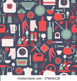 Seamless pattern of kitchen on blue