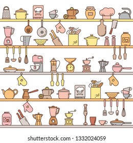 Seamless pattern with kitchen shelves full of various kitchen items and tools from colorful icons made in a flat style.
