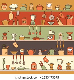 Seamless pattern with kitchen shelves full of various kitchen items and tools from colorful icons made in a flat style.
