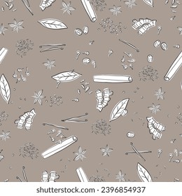 seamless pattern of kitchen spices in grey tone