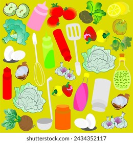 seamless pattern with kitchen spoons and vegetables