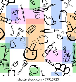 Seamless Pattern With Kitchen Stuff And Colored Rectangles