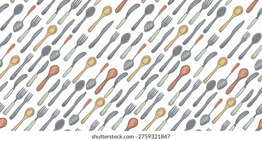 Seamless pattern kitchen stuff cooking essentials with knives, spoons and forks for food design projects.