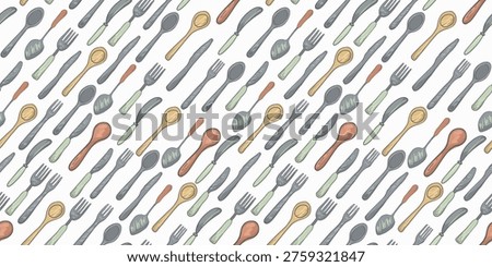 Seamless pattern kitchen stuff cooking essentials with knives, spoons and forks for food design projects.