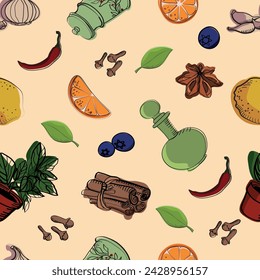 Seamless pattern in kitchen style with fruits , berries, and utensils. Cinnamon, orange, chili, garlic, lemon, cloves