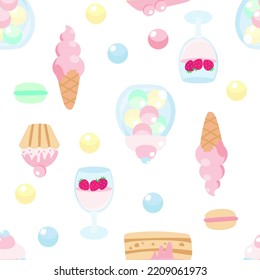 Seamless pattern kitchen and sweets in cartoon style. Dessert, jar of lollipops, ice cream in pastel colors. Pattern for textiles, packaging.