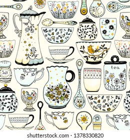 Seamless pattern for kitchen textile or wallpapers with painted decorative ceramic utensils, crockery, spoons, cups, bowls, pitchers. Vector colorful hand drawn illustration in rustic style.