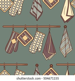 Seamless pattern with kitchen textiles. Colorful background with kitchen decor. Potholders and towels on hooks. Decorative wallpaper with kitchen supplies and accessories