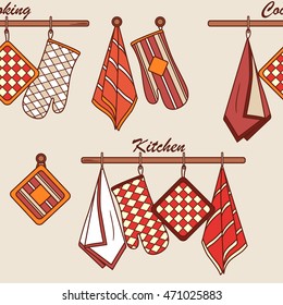 Seamless pattern with kitchen textiles. Doodle background with sketch objects