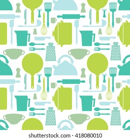 Patrón sin problemas con herramientas de cocina. Cocine accesorios en tonos azules y verdes. Ilustración vectorial.