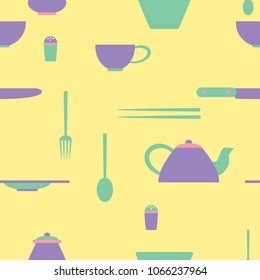 Seamless pattern of kitchen tools: cup, chopsticks, fork, spoon, plate, bowl, kettle on yellow background