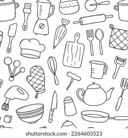 Seamless pattern of kitchen tools doodle. Cooking utensil in sketch style. Hand drawn vector illustration