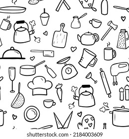 Seamless pattern with kitchen tools doodles. Cooking icon collection isolated on white background. Vector monochrome illustration for restaurant menu, recipe book and wallpaper.
