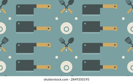 Seamless pattern of kitchen tools features cleavers knives forks spoons and plates arranged in a culinary theme on a teal background.
