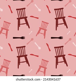 seamless pattern with kitchen tools icons, a kitchen chair, knife, fork and spoon on a light pink background, with colors pink, dark pink, red and light pink