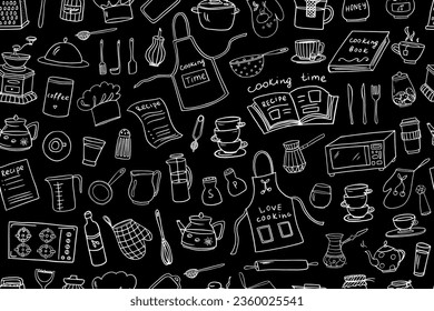 Seamless pattern of kitchen tools, kitchenware, kitchen equipments in doodle style. Love cooking. Vector illustration for restaurant menu, recipe book, and wallpaper. Isolated on black background